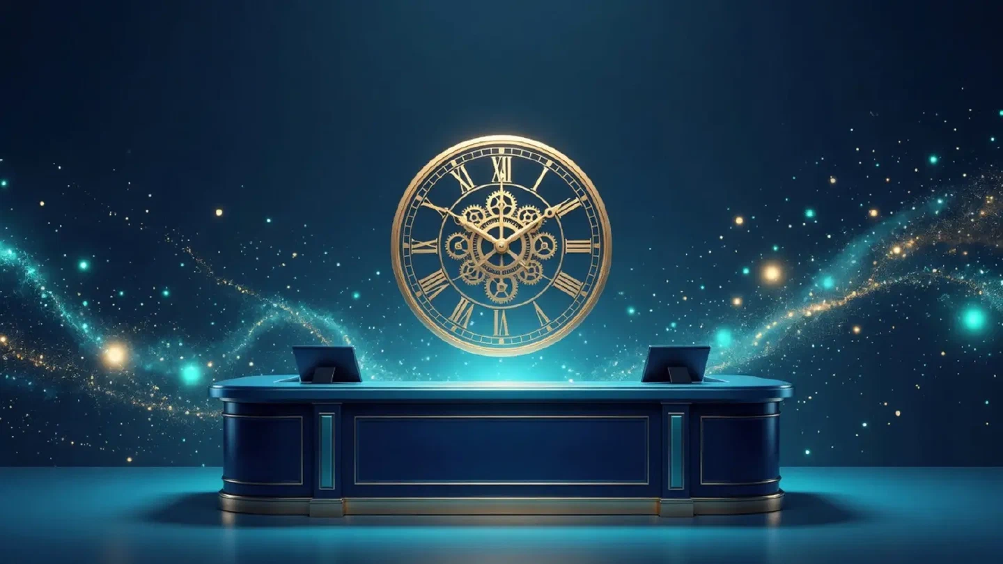 Goldene Uhr über einem blau beleuchteten Casino-Kassenbereich