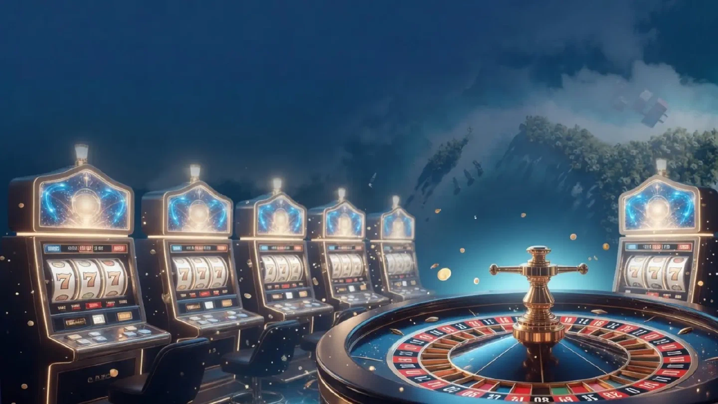 Blaue Casino-Galerie mit Slot-Motiven, Roulette-Rad und goldenen Lichtspuren