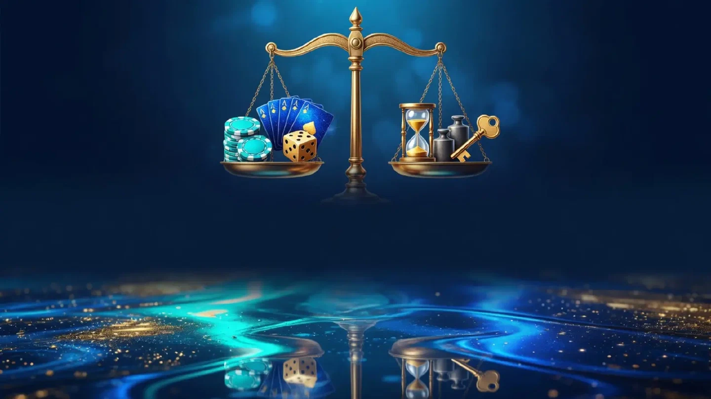 Zwei Waagschalen über blau-goldenen Casino-Reflexen