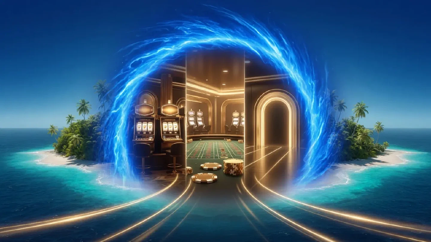Blaues Casinoportal mit goldenen Wegen zu Spielen, Live-Tisch und Konto