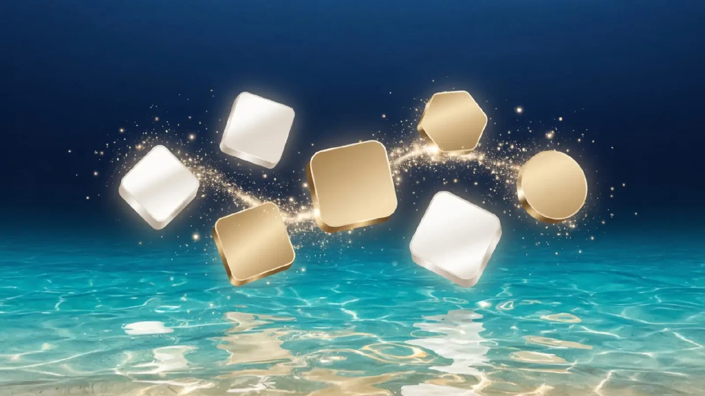 Instant-Game-Kacheln mit goldenen Lichtpunkten über türkisfarbenem Wasser