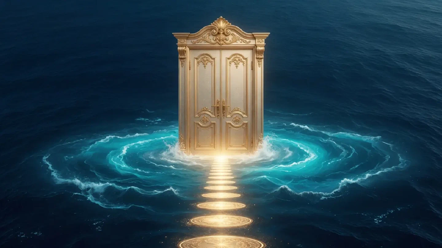 Goldene Tür und klarer Ausgangsweg über dunkelblauem Wasser