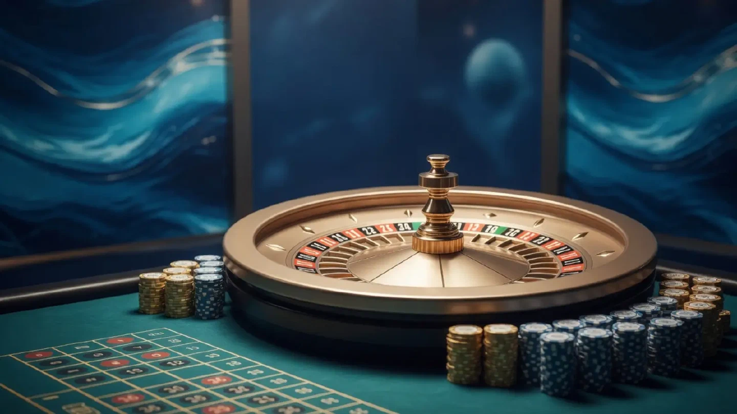 Live-Roulette-Studio mit goldenem Rad und saphirblauem Licht