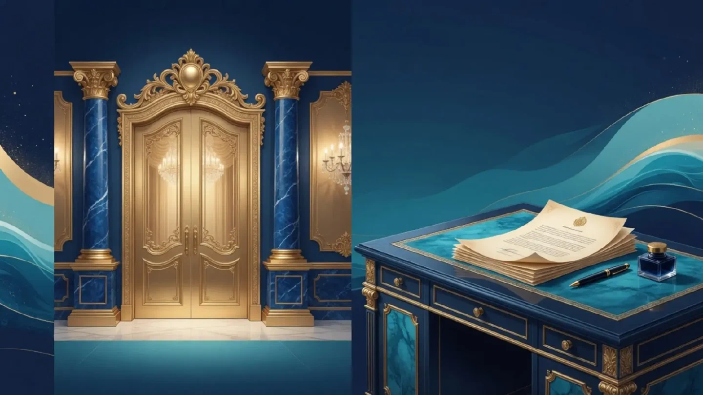 Casinoeingang und Dokumententisch in Blau und Gold