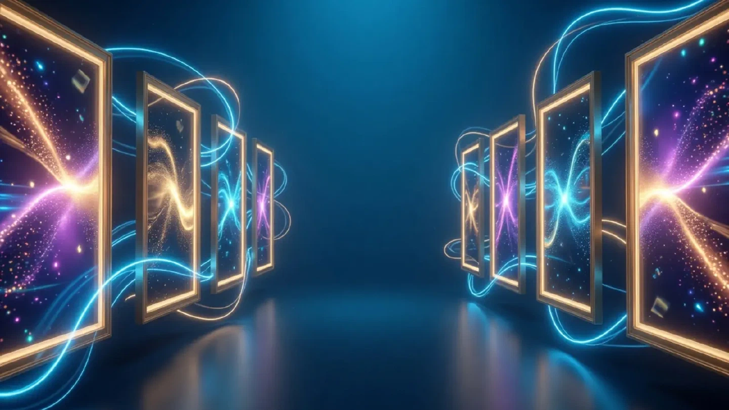 Gang mit Slot-Motiven, türkisfarbenen und goldenen Lichtbändern