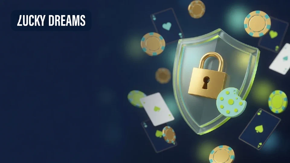 Goldenes Schutzschild mit Vorhängeschloss und Cookie-Symbol zwischen Spielchips und Karten