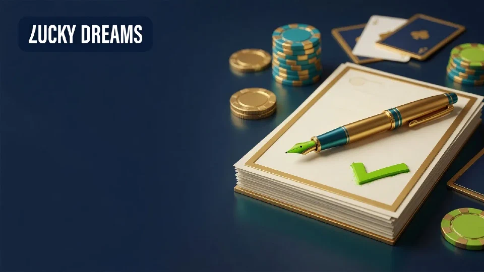 Dokumentenstapel mit goldener Füllfeder und grünem Häkchen neben Spielchips